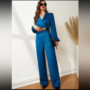SHEIN NWOT Satin Shawl Collar Bishop Sleeve Shirt Jumpsuit Without Belt